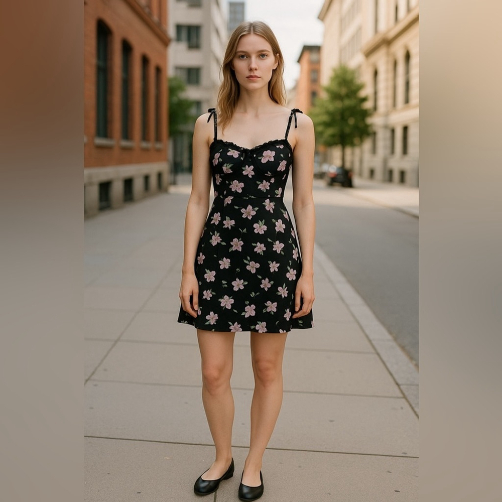 Floral Dress Women Size XS Black with Pink Floral Sheer Spaghetti Strap Ruffle